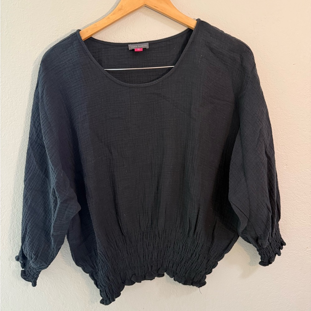 Vince Camuto Black Smocked Hem Textured Cotton Blouse XS